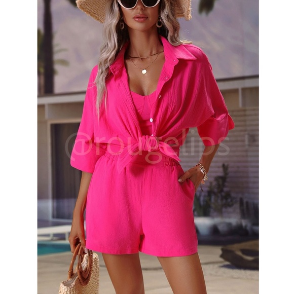 Shorts Set: Cami Crop Top, Button Up Shirt & Shorts in Hot Pink - Picture 3 of 8